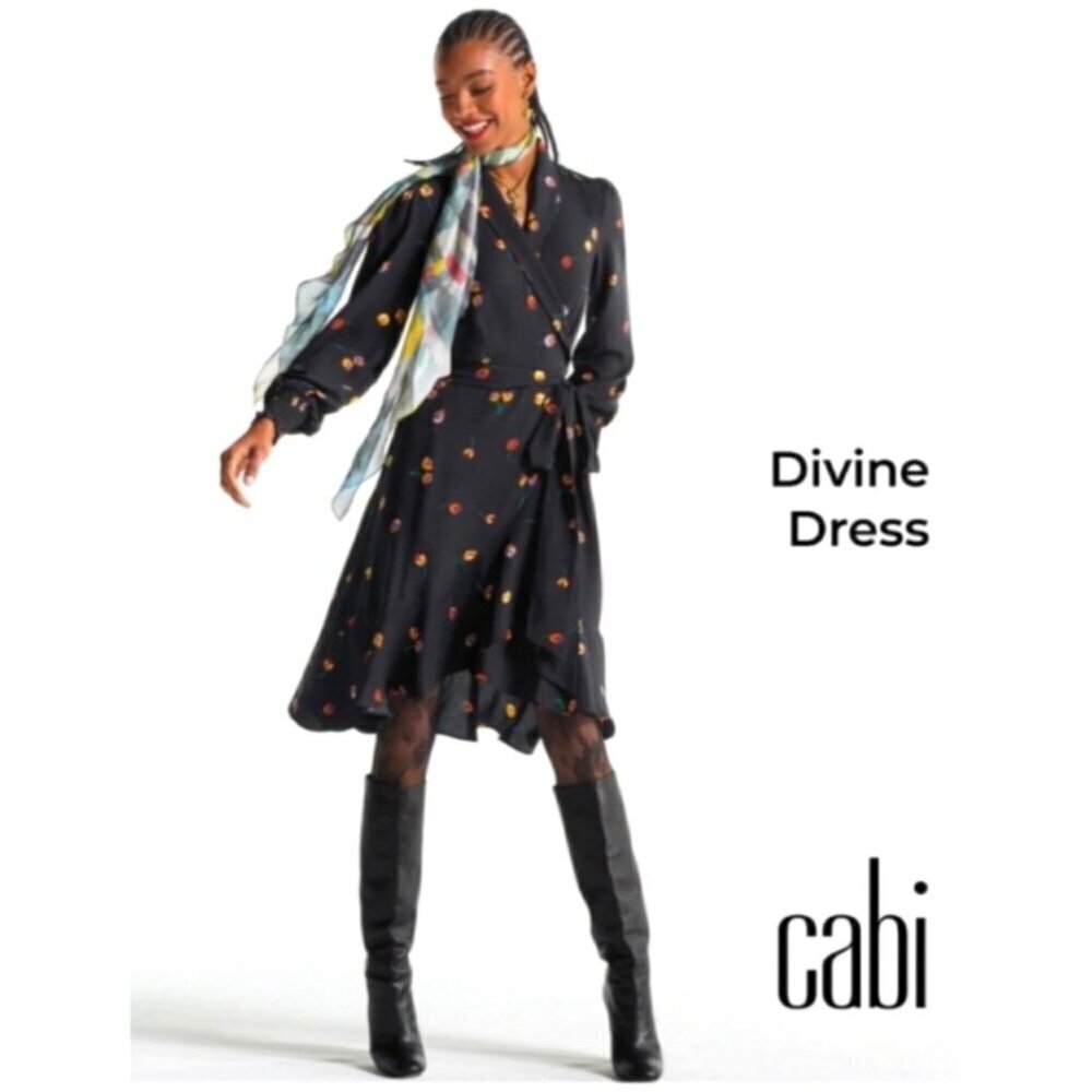 Cabi Divine Wrap Dress Small Floral Black Long Sleeve Midi